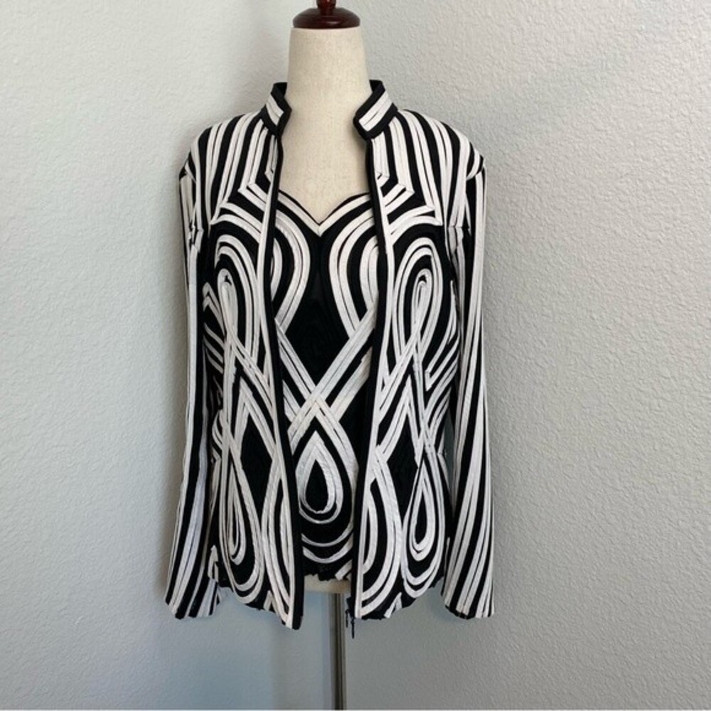 Alexandra Rosati Designer 2 Pc Black White Mesh Geometric 3D Jacket & Top SZ 10